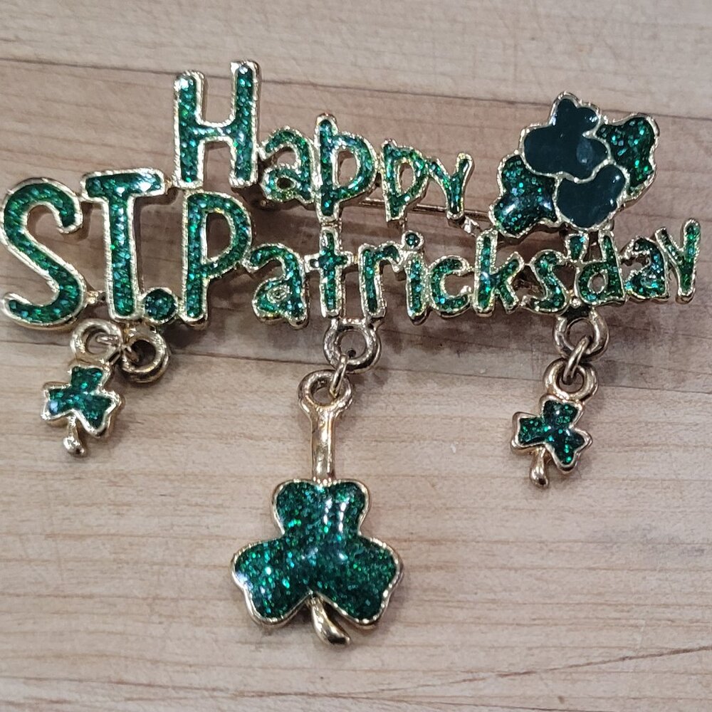 Vintage Happy St Patrick's Day Rhinestone Brooch
